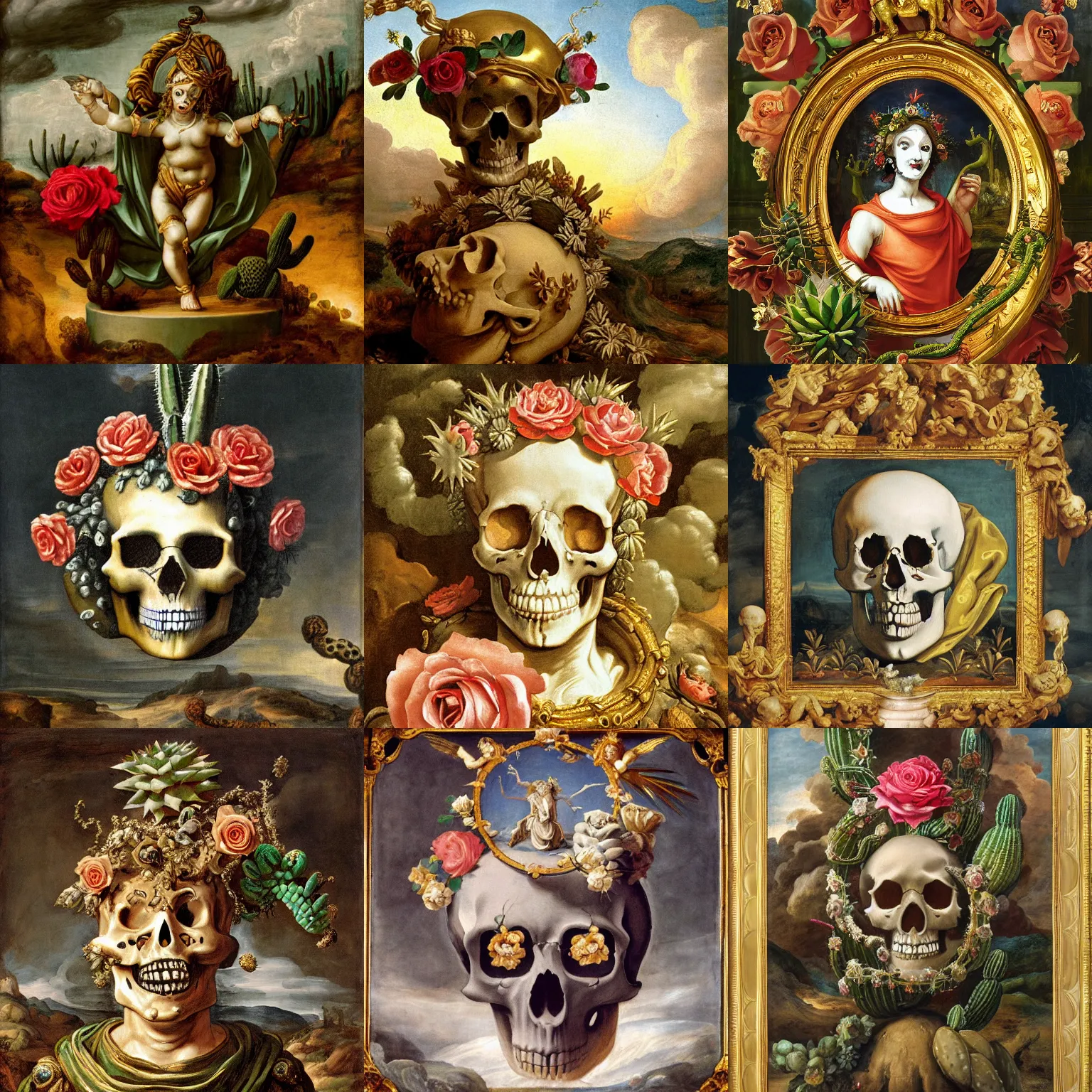 Prompt: michael angelo painting of glowing elegant ornamented virgin saint skull face dressed rococo standing over a roman gold-made pedestal in a barren land with cactus. stormy weather. apocalypsis. skleletons roses and serpents on the floor