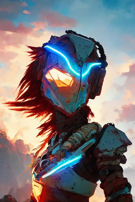 Image similar to combination suit armor aloy horizon forbidden west horizon zero dawn radiating a glowing aura global illumination ray tracing hdr fanart arstation by ian pesty and alena aenami artworks in 4 k tribal robot ninja mask helmet backpack