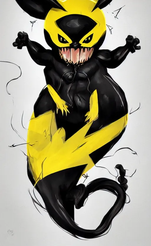 Image similar to venom as pikachu, dynamic lighting, photorealistic dark fantasy concept art, trending on art station, stunning visuals, creative, cinematic, ultra detailed