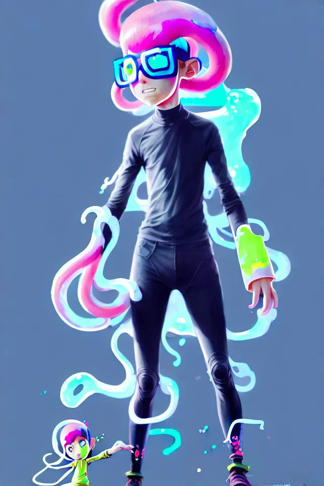 Image similar to a beautiful fullbody portrait of a cute splatoon anime boy wearing tight leggings under shorts. character design by cory loftis, fenghua zhong, ryohei hase, ismail inceoglu and ruan jia. artstation, volumetric light, detailed, photorealistic, fantasy, rendered in octane