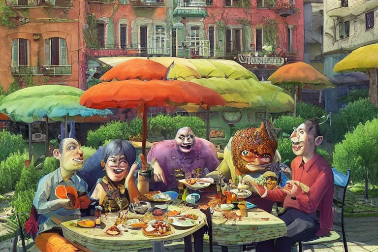 Image similar to 4 happy friends eating fish outside in a restaurant in the city, summer morning, very coherent and colorful high contrast, art by gediminas pranckevicius, geof darrow, dark shadows, hard lighting