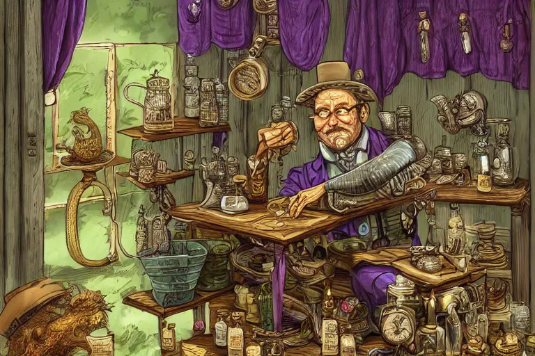 Prompt: Uncle Aloysius, snake oil salesman, wild west crypto pharmaceutical industrialist locomotive petroleum apothecary alchemist tinkerer engineer, cute, fantasy, intricate, elegant, highly detailed, digital painting, 4k, HDR, concept art, smooth, sharp focus, illustration, purple green color scheme, art by Ed Roth and H R Giger and Greg Rutowski and Lisa Frank