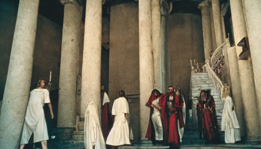 Prompt: movie still by tarkovsky of caligula poniard to death by senators on ancient stairs, cinestill 8 0 0 t 3 5 mm, high quality, heavy grain, high detail, dramatic light, ultra wide lens, anamorphic