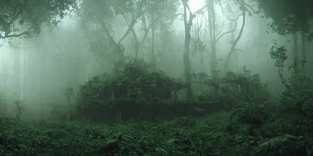 Image similar to film still of a dark spooky scientific research outpost with complicated machinery in a moist foggy jungle, science fiction, ridley scott, lights through fog, futuristic outpost building, wet lush jungle landscape, dark sci - fi, 1 9 8 0 s, beige and dark atmosphere, ridley scott