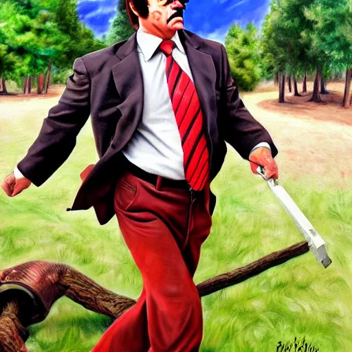 Image similar to ron burgandy as rambo in a park, hyperrealistic, hyperdetailed, political cartoon, concept art, oil painting