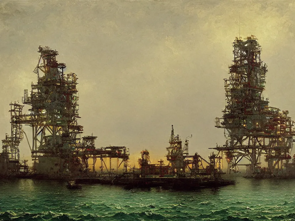 Prompt: an oil platform, by carl spitzweg