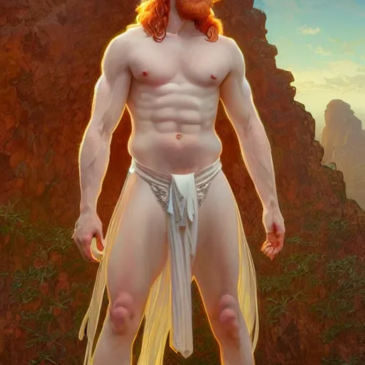 Prompt: panoramic view, beautiful natural male ginger angel wearing a white loincloth, intricate, elegant, highly detailed, digital painting, artstation, concept art, smooth, sharp focus, illustration, art by artgerm and greg rutkowski and alphonse mucha and loish and WLOP