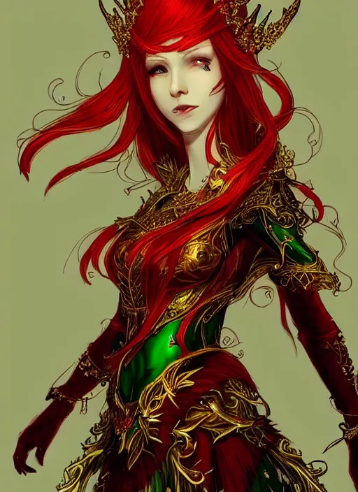 Image similar to Full body portrait of a beautiful red haired elven queen wearing red, green and gold queen dress and elaborate golden crown, bored look. In style of Yoji Shinkawa and Hyung-tae Kim, trending on ArtStation, dark fantasy, great composition, concept art, highly detailed.