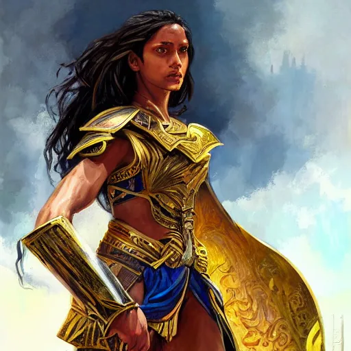 Prompt: highly detailed painting of a warrior goddess with maldivian, tan skin, blue eyes, golden armor with cape and brown hair high fantasy art by jon foster trending on arstation