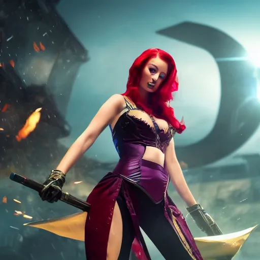 Image similar to an action shot of Sophie turner as Miss Fortune in League of Legends, 4K, cinema, imax, hyperreal