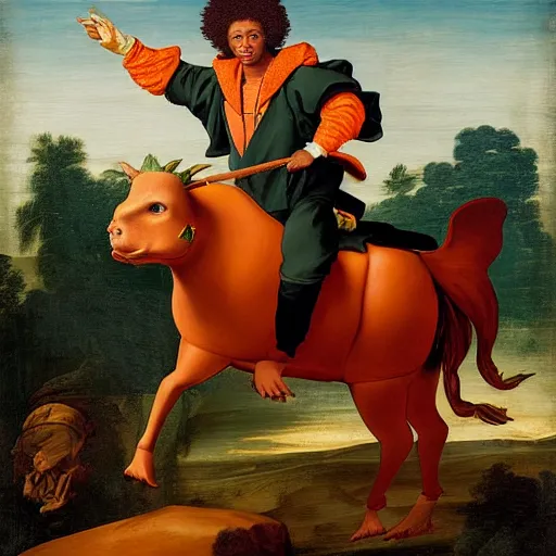 Prompt: photograph of a black man with afro hair wearing an army green adidas jacket riding an orange colored bull!!, renaissance style painting