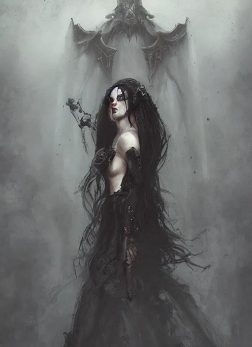 Image similar to hyper realistic photo of baroque dark goth queen ethereal ghost full body, rule of thirds, cinematic, greg rutkowski, brom, james gurney, mignola, craig mullins, artstation, cgsociety