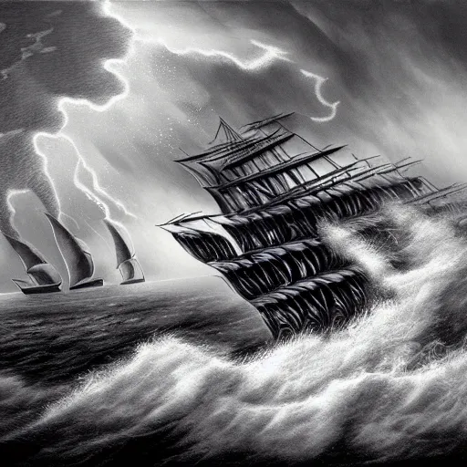 Image similar to a highly detailed hyperrealistic scene of a ship being attacked by giant squid tentacles, jellyfish, squid attack, dark, voluminous clouds, thunder, stormy seas, pirate ship, dark, high contrast, black and white, red, fiery storm