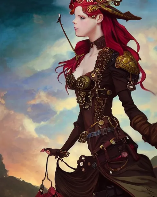 Prompt: a beautiful half body 2D illustration of a young female steampunk pirate wearing leather armor on gold and red trimmings on green, by Charlie Bowater, tom bagshaw, Artgerm and Lois Van Baarle, very cool pose, pirate ship with an epic sky background, slightly smiling, cinematic anime lighting and composition, fantasy painting, very detailed, ornate, trending on artstation and pinterest, deviantart, google images