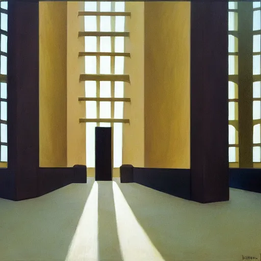 Image similar to first person view of a stark concrete maze, people stepping into elevators, grant wood, pj crook, edward hopper, oil on canvas