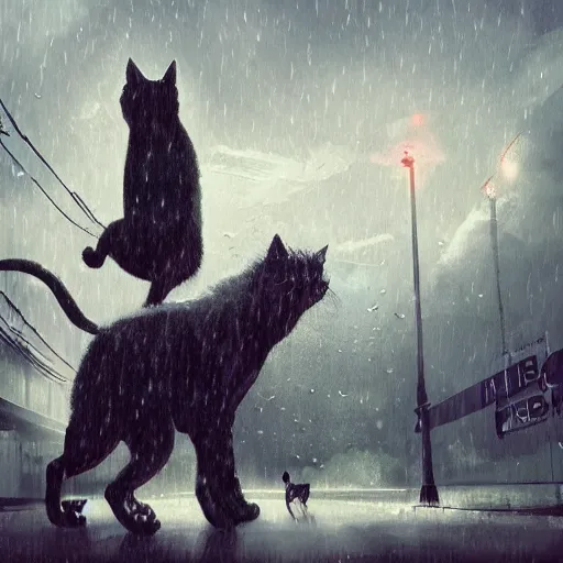 Image similar to giant cats and dogs are falling from the sky like rain, bystanders watching from the sides, 4 k, by ariduka 5 5, monokubo, artstation,