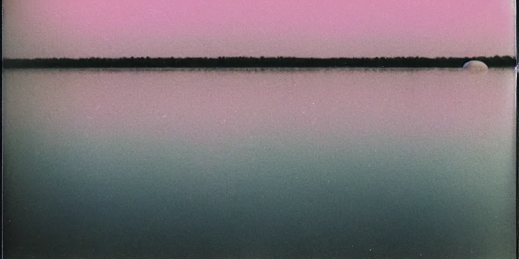 Prompt: analog polaroid of a lake, with a pink moon in the sky