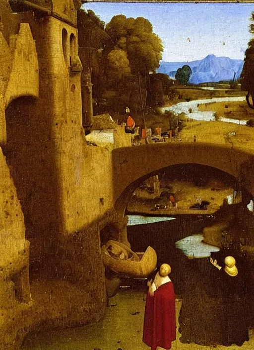Prompt: unknown water being in the river, medieval painting by Jan van Eyck, Johannes Vermeer