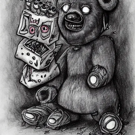 Prompt: dark art cartoon grunge drawing of a teddy bear with bloody eyes by tim burton - loony toons style, horror theme, detailed, elegant, intricate