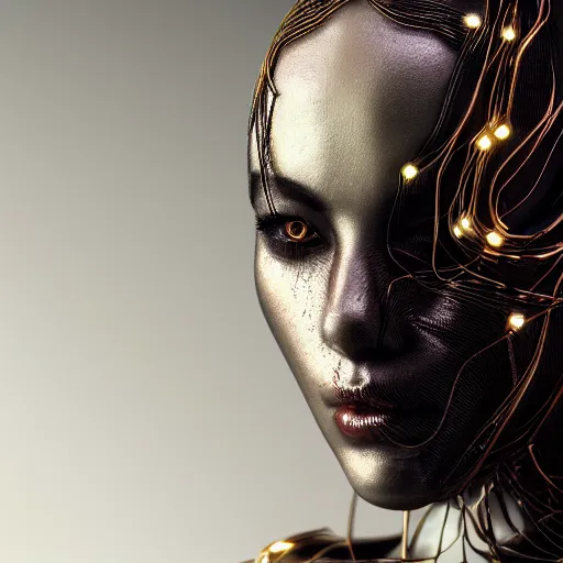 Image similar to portrait of an evil beautiful woman, marble skin, black and gold wires, high - tech, cyberpunk, by kim jung gi, irakli nadar, intricate linework, bright colors, octane render,