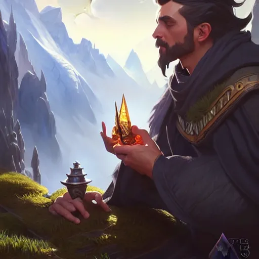 Image similar to male, wizard, glacier landscape, D&D, fantasy, intricate, elegant, highly detailed, digital painting, artstation, octane render, concept art, matte, sharp focus, illustration, hearthstone, art by Artgerm and Greg Rutkowski and Alphonse Mucha