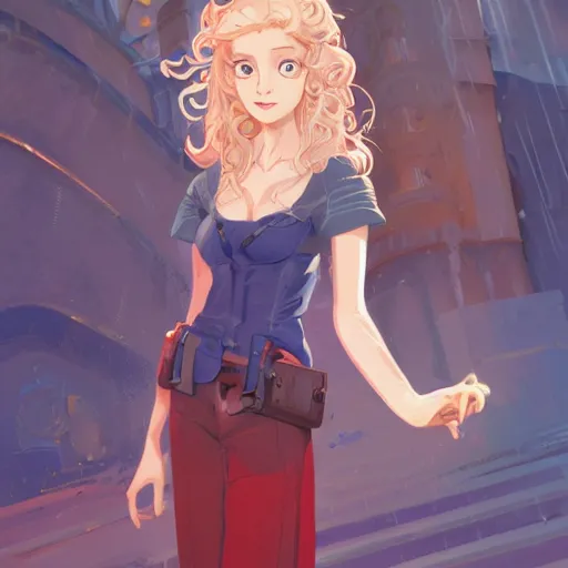 Prompt: a cute 2 0 years old girl with long curly blonde hair, with blue eyes, in a cyberpunk setting, artstation, elegant, highly detailed, digital painting, concept art, smooth, sharp focus, illustration, art by don bluth and michel ocelot and makoto shinkai and tom whalen and atey ghailan and akihiko yoshida