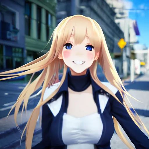 Image similar to a very beautiful 3d anime girl on the street, unreal engine 5 4k render, hazler eyes, cute smile, incredibly high detailed, studio quality, trending on artstation, medium shot, long blonde hair