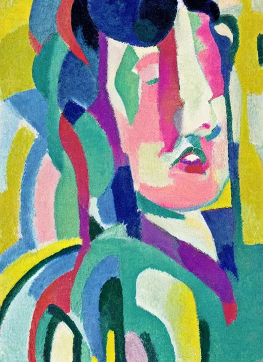 Prompt: an extreme close - up abstract portrait of a lady enshrouded in an impressionist representation of mother nature and the meaning of life by sonia delaunay and igor scherbakov, abstract colorful lake garden at night, thick visible brush strokes, figure painting by anthony cudahy and rae klein, vintage postcard illustration, minimalist cover art by mitchell hooks