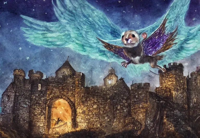 Image similar to legendary fire winged possum flying over a medieval forest castle at night under the dark starred sky, dark fantasy, watercolor, dreaming illusion, highly detailed, 4k, trending on Artstation