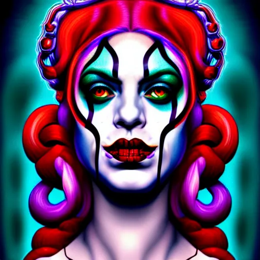 Prompt: an extremely psychedelic portrait of medusa as harleyquinn, surreal, lsd, face, detailed, intricate, elegant, lithe, highly detailed, digital painting, artstation, concept art, smooth, sharp focus, illustration