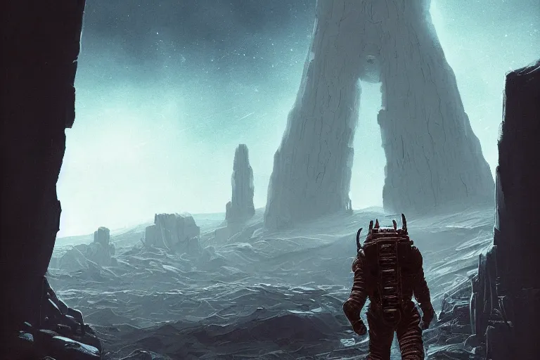 Image similar to Dead Space themed Astronaut approaches a giant monolith, Industrial Scifi, detailed illustration, Chiaroscuro, concept art, by Martin Grip and Moebius