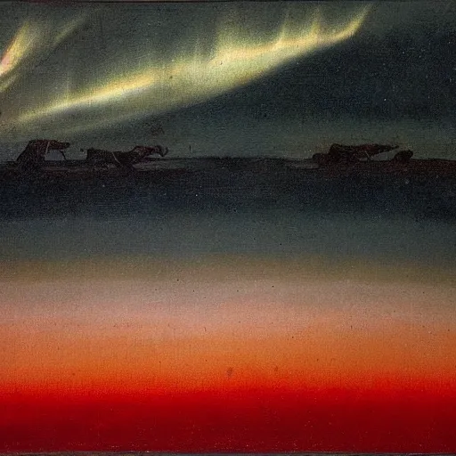 Prompt: the epic abstract painting'blue arctic void with black and red aurora borealis above a large herd of tiny reindeer ', by caspar david friedrich!!!, by rothko!!!, stunning masterpiece, trending on artstation