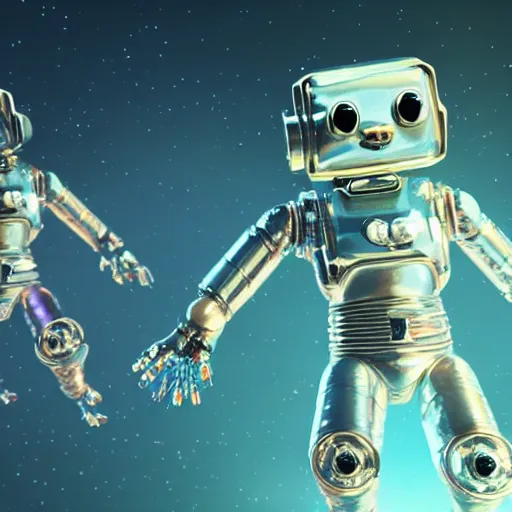 Prompt: 3 d rendered movie still pearlescent robot kitten robots quadruped in epic outer space battles and disco dance contests on saturn. science fiction, blockbuster movie, dystopian future, computer - animated science fiction film, space odyssey, imax, 7 0 mm, 4 k