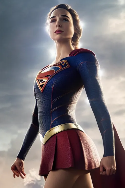 Prompt: a fancy close up of Supergirl cast as gal gadot by Greg Rutkowski, Sung Choi, Mitchell Mohrhauser, Maciej Kuciara, Johnson Ting, Maxim Verehin, Peter Konig, 8k photorealistic, cinematic lighting, HD, high details, dramatic, trending on artstation, full body shot