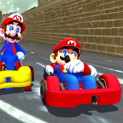 Image similar to stephen hawking in mario cart, in his wheelchair, gameplay footage