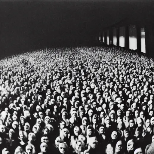 Prompt: an old black and white photo of a large crowd with distorted clown masks,