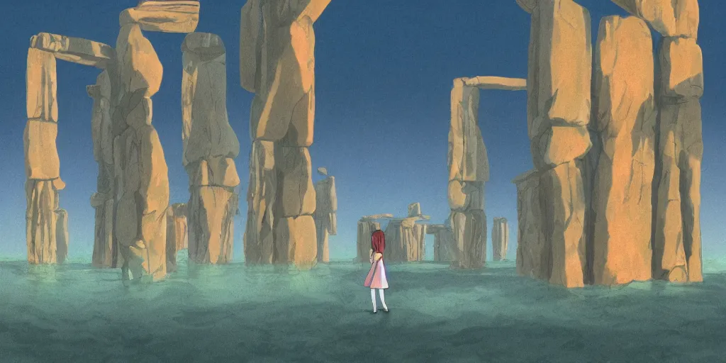 Image similar to a realistic cell - shaded studio ghibli concept art from paprika ( 2 0 0 6 ) of a tan aquatic human from close encounters of the third kind ( 1 9 7 7 ) in a flooded monument valley stonehenge. very dull colors, wide shot, hd, 4 k, hq