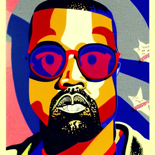 Prompt: portrait of kanye west, sunglasses, popart, patriot, maga by yoichi hatakenaka, masamune shirow, josan gonzales and dan mumford, ayami kojima, takato yamamoto, barclay shaw, karol bak, yukito kishiro