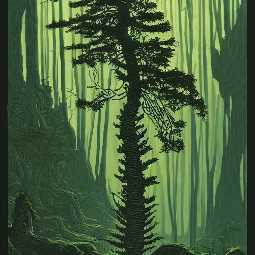 Image similar to ancient woodcut fern that depicts the forest, surrounded by mountains and clouds and thickets, at night. style of greg rutkowski and darek bonestell. trending on artstation. by raphael okamoto and thomas jones