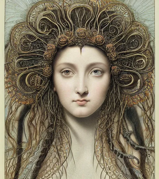 Image similar to portrait of a gorgeous sublime young goddess with intricate decorative jellyfish headdress and beautiful eyes, clear lines, detailed painting by christian rex van minnen and ernst haeckel and james jean