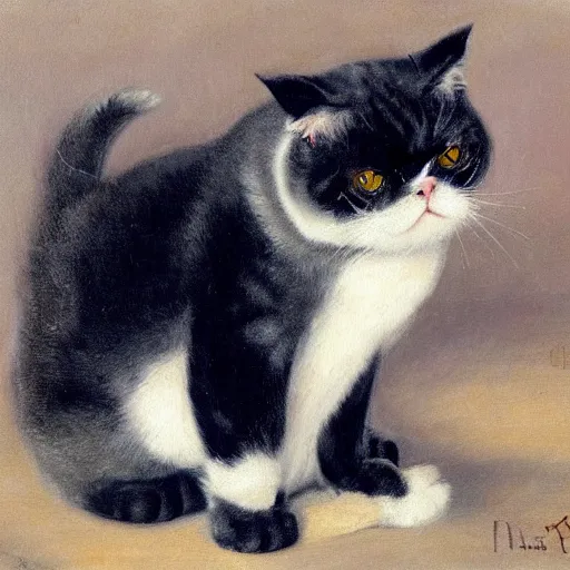 Prompt: exotic shorthair cat, solid grey, beautiful painting by henriette ronner - knip