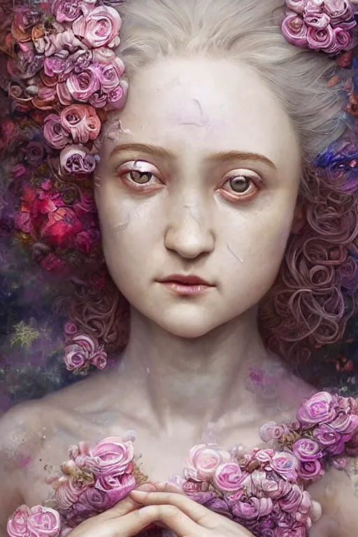 Prompt: closeup portrait shot of julia garner as delirium of the endless, the sandman, the fairy queen, floral growth, thick fancy makeup, highly detailed, digital painting, artstation, concept art, soft focus, depth of field, artgerm, tomasz alen kopera, peter mohrbacher, donato giancola, wlop, boris vallejo