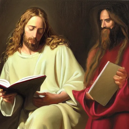 Prompt: oil painting of confused Jesus reading a science textbook, wearing white robes, in a classroom