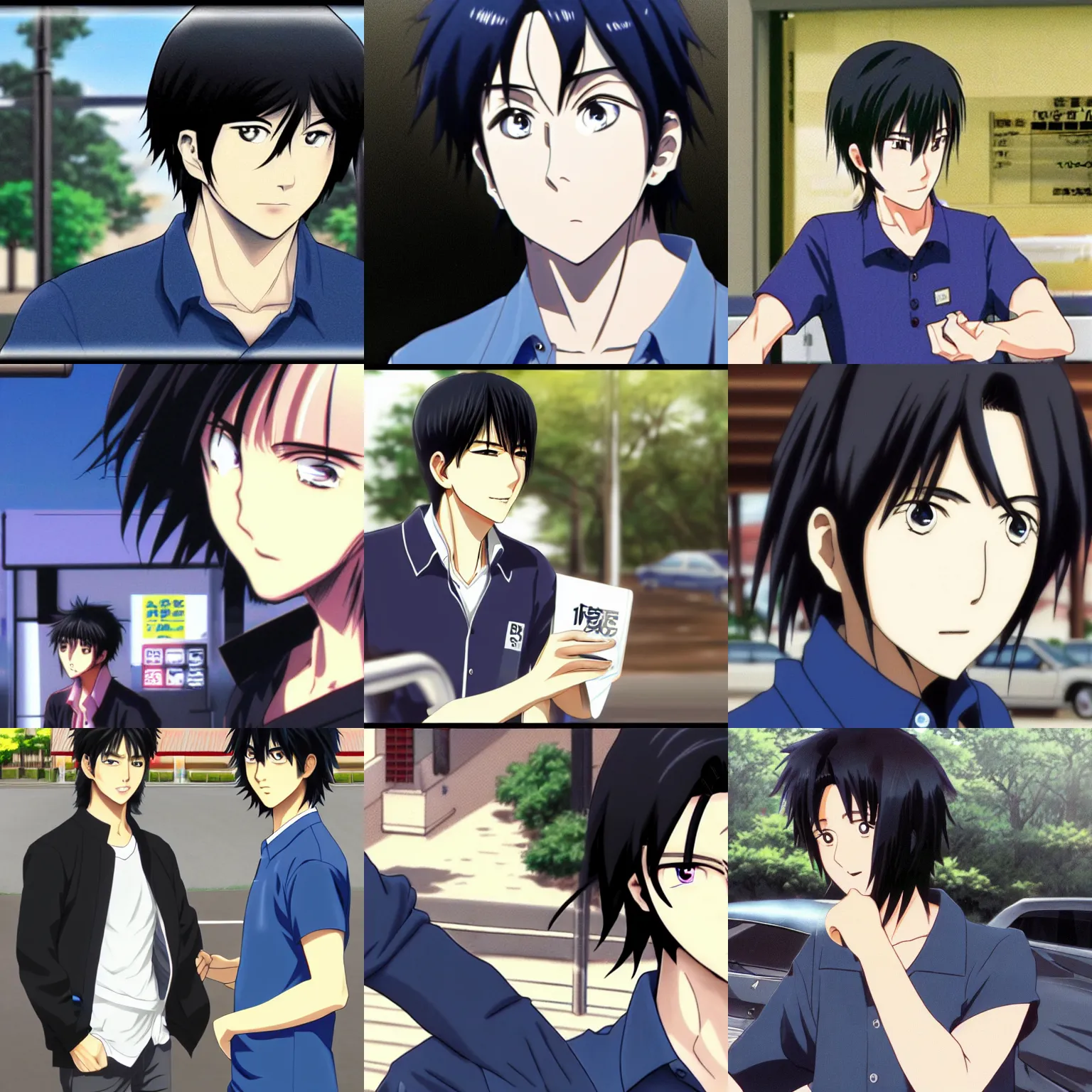 Prompt: ryosuke takahashi with black hair wearing a dark blue shirt getting food at a drive - thru, initial d anime, initial d anime 1 0 8 0 p, detailed anime face, 1 9 9 8's anime, artstation, high detail