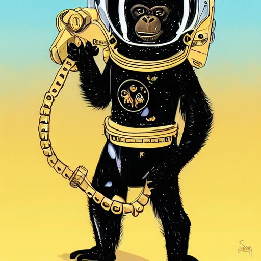 Image similar to portrait of a straight forward looking Chimpanzee in black spacesuit with golden elements, by Skottie Young and WLOP