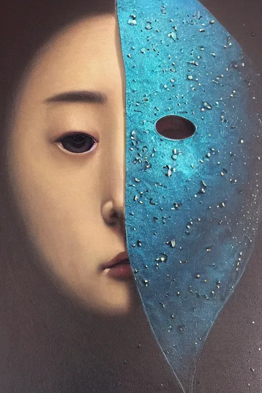 Prompt: hyperrealism oil painting, close - up portrait of face hiding in stingray medieval fashion model, knight, steel gradient mixed with nebula sky, in style of baroque mixed with 7 0 s japan book art
