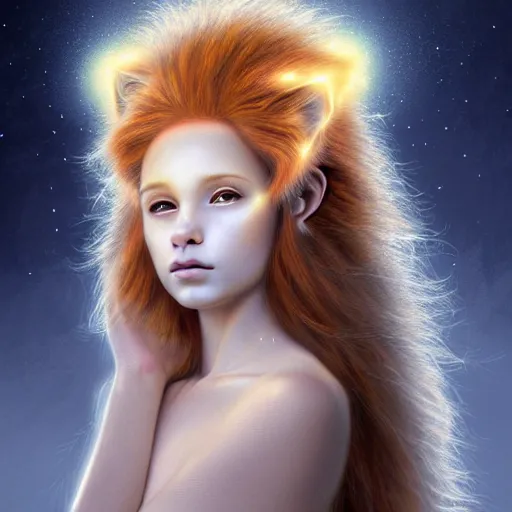 Prompt: Portrait of a girl angel with pale orange colored frizzy strands of illuminated hair, Lion essence, cat ears on her head, glowing halo, Lion's Mane, Cosmic, Lion's Gate, 8/8, fantasy, intricate, elegant, highly detailed, digital painting, artstation, concept art, smooth, sharp focus, illustration, art by Krenz Cushart and Artem Demura and alphonse mucha