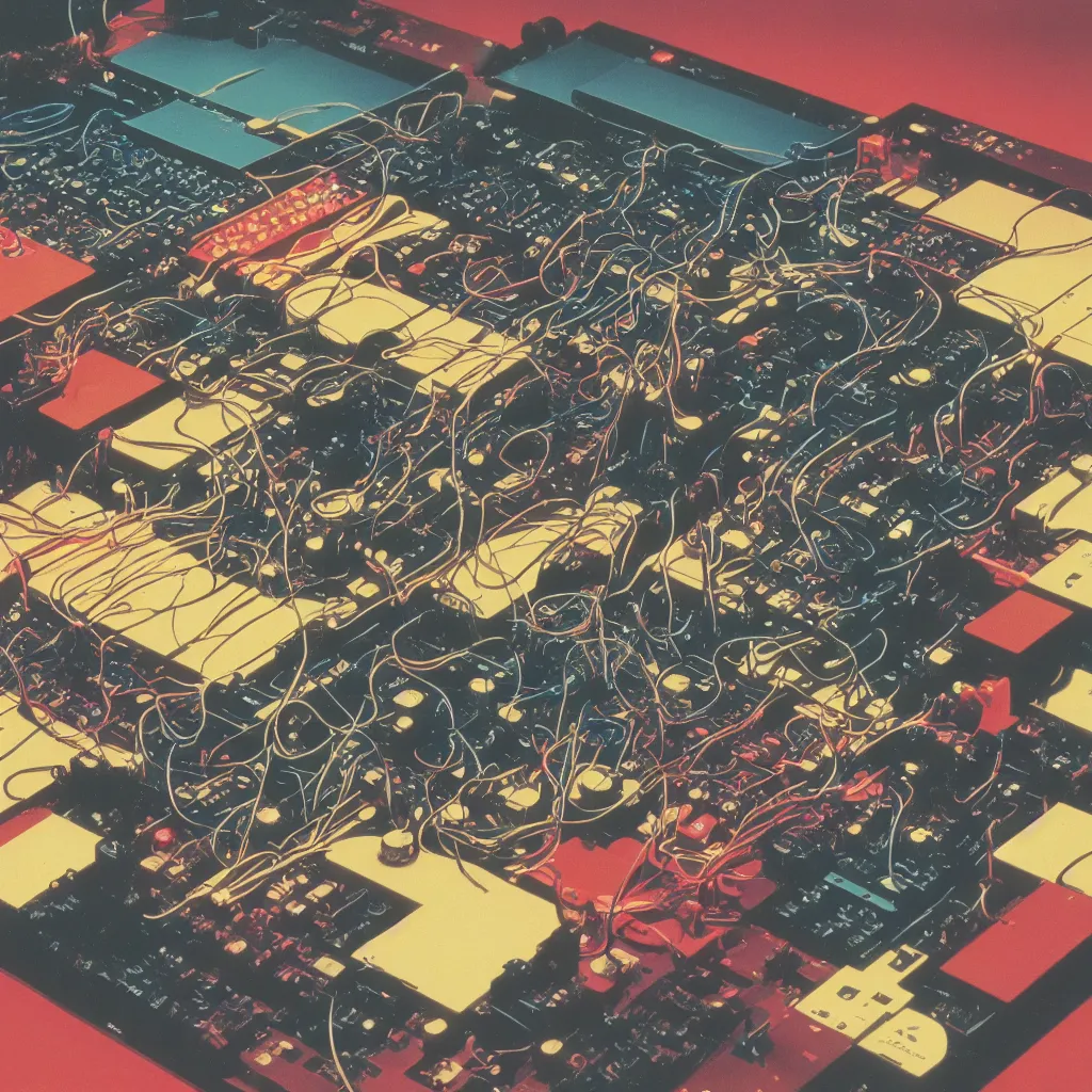 Prompt: moog modular synthesizer, color album cover art by Hipgnosis