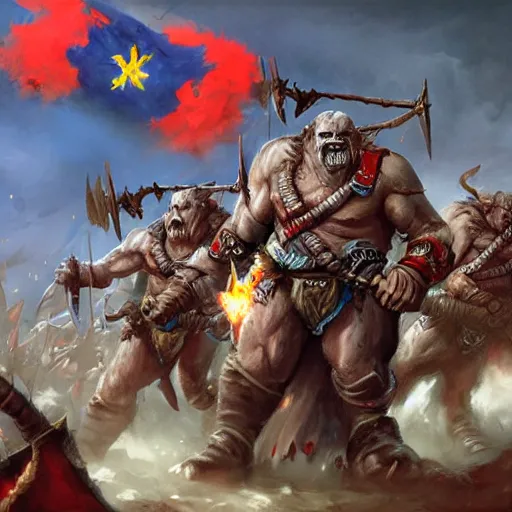 Prompt: Orcs from Warhammer Fantasy with Russian flags are charging by Greg Rutkowski