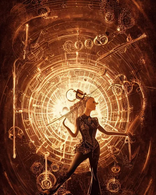 Prompt: a extremely detailed masterpiece of a violin singer in a steampunk, laser symmetric lights and ice, opening a portal into another dimension, in the style of aleksi briclot, glowing light and shadow, hyperrealist, 8 k